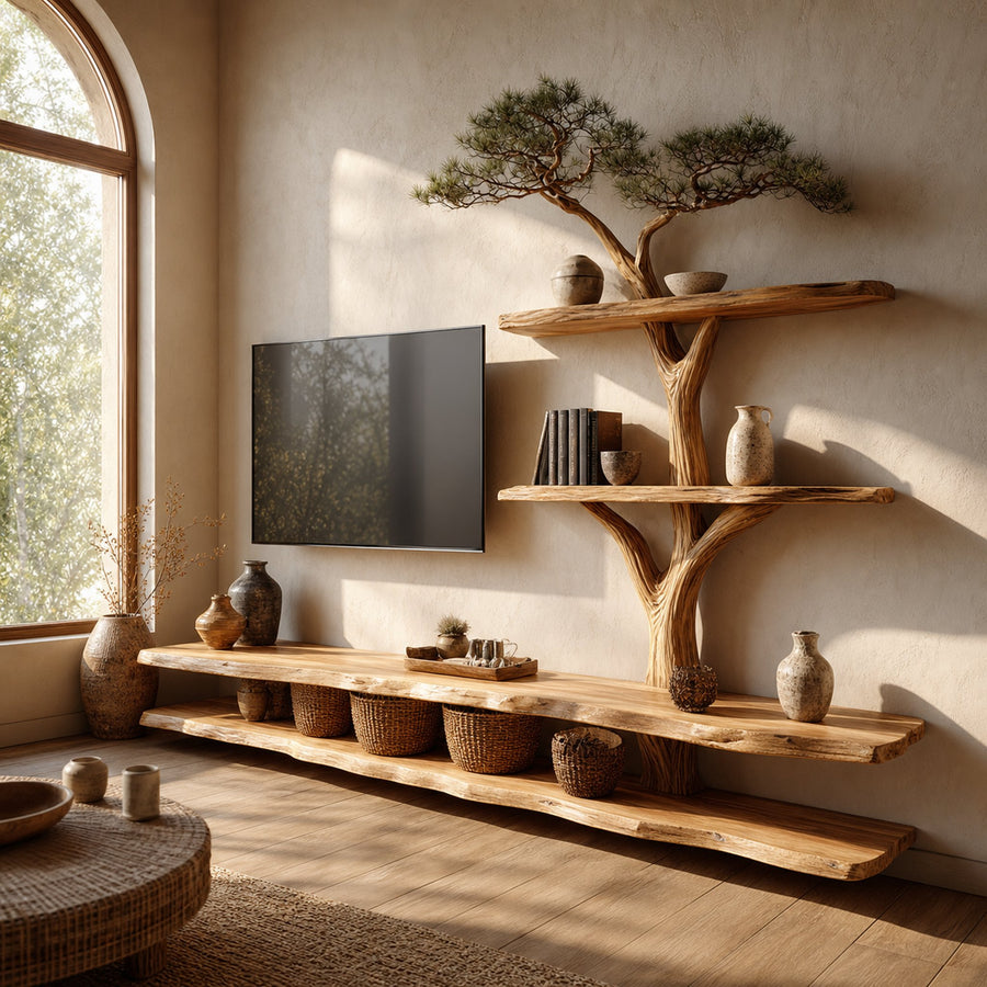Rustic Bonsai Tree Wall Shelf TV Console Living Room