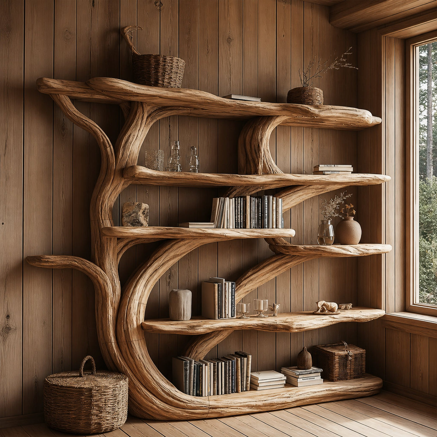 Rustic Book Tree Shelf Handmade Wooden Bookshelf For Office And Home