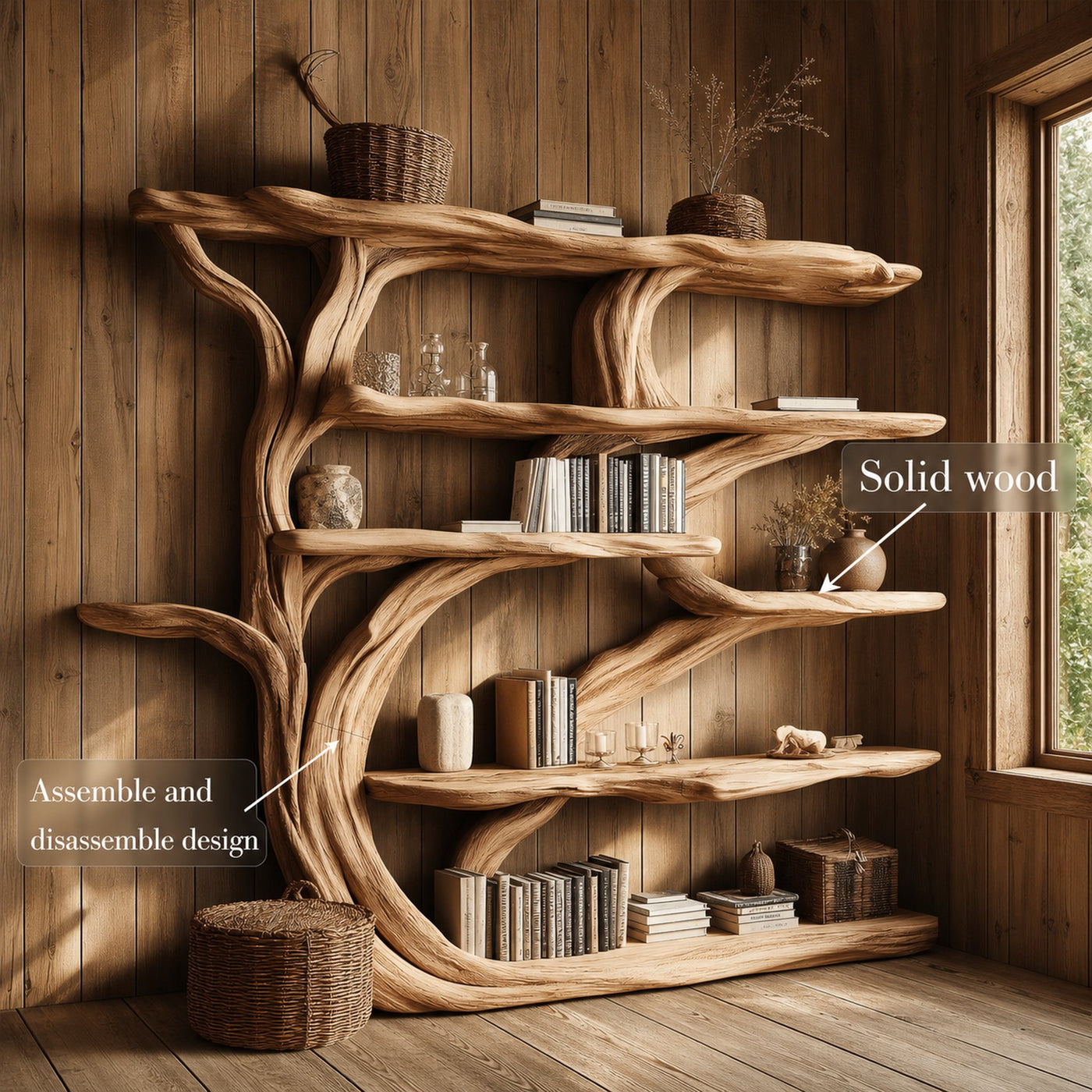 Rustic Book Tree Shelf Handmade Wooden Bookshelf For Office And Home - product view 6