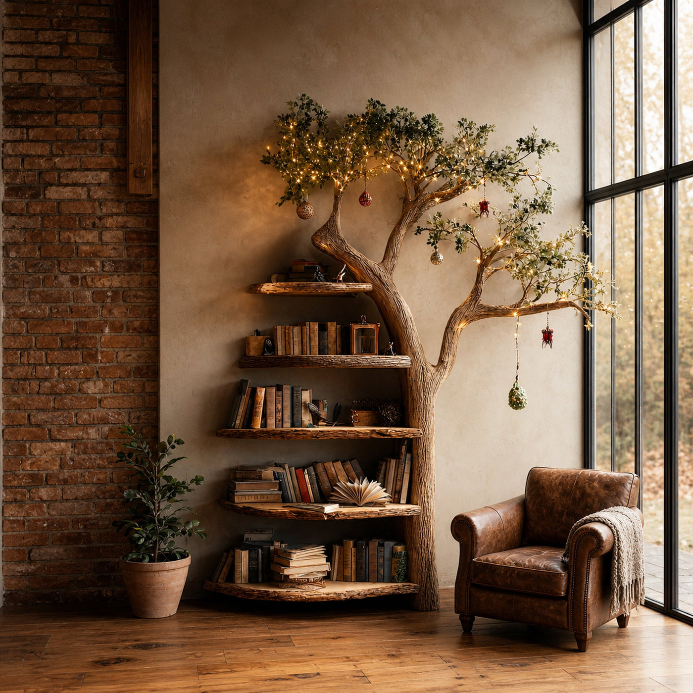 Rustic Branch Bookshelf Living Room Cozy Space