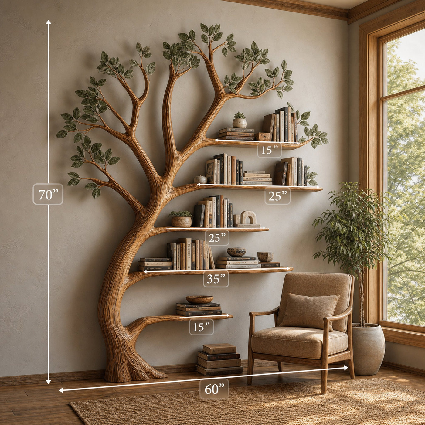 Rustic Branch Bookshelf Living Room Home Library Artistic Wall - product view 5