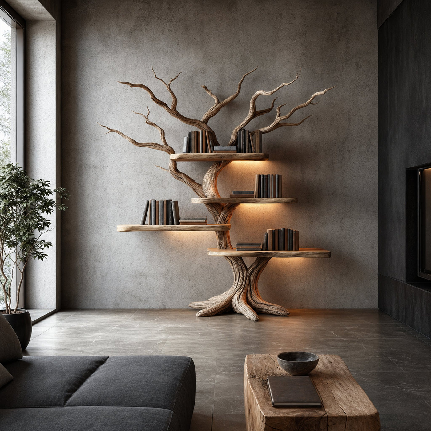 Rustic Branch Bookshelf Study Room Wall Display