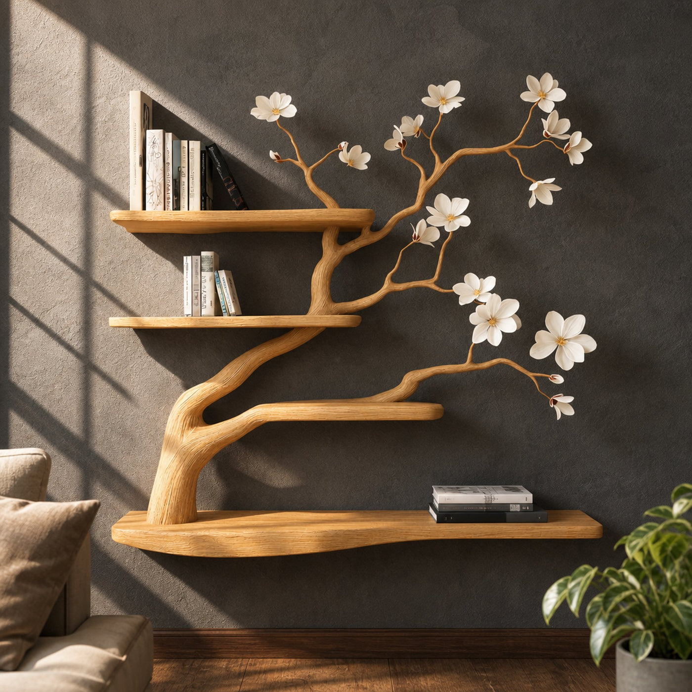 Rustic Branch Style Tree Bookshelf Wall Mounted For Living Room