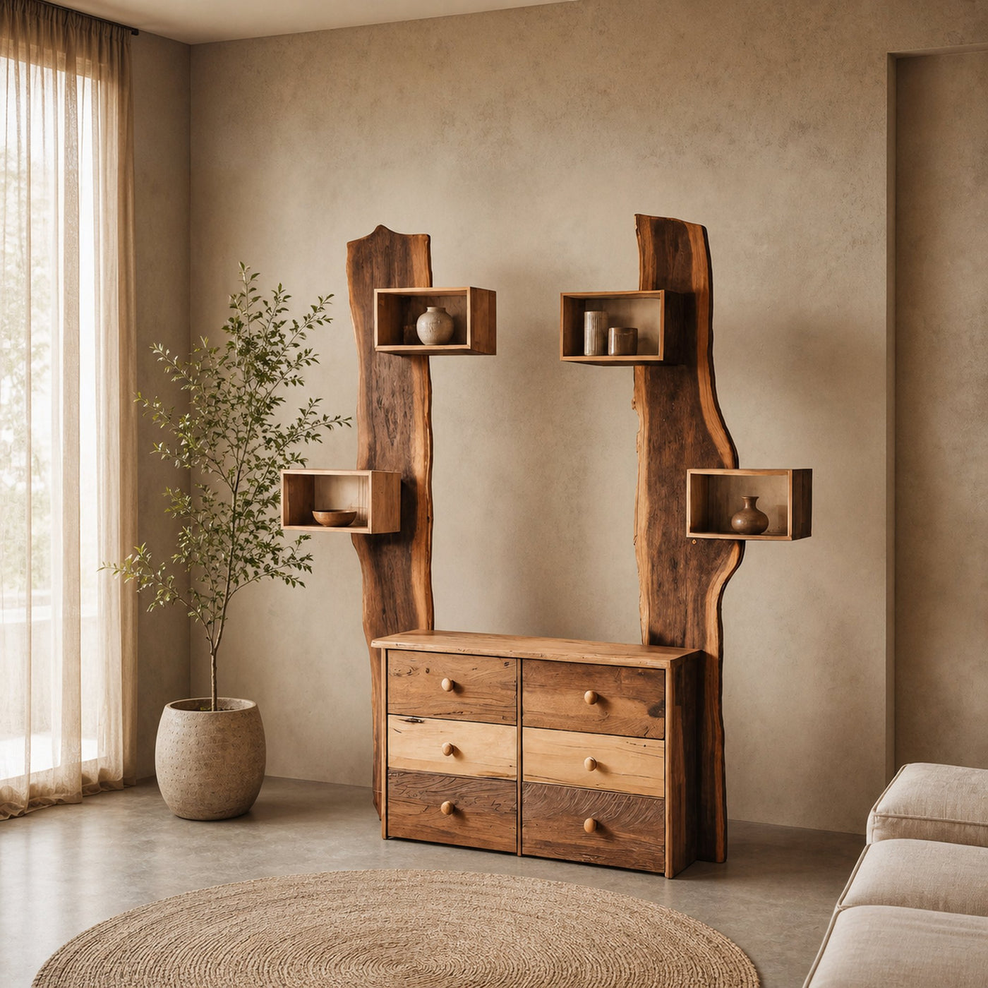 Rustic Cabinet With Floating Shelves For Living Room