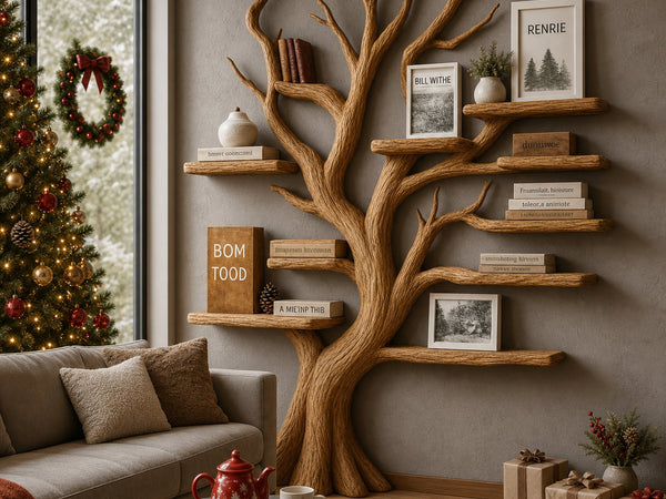 Rustic Christmas Tree Bookshelf Living Room