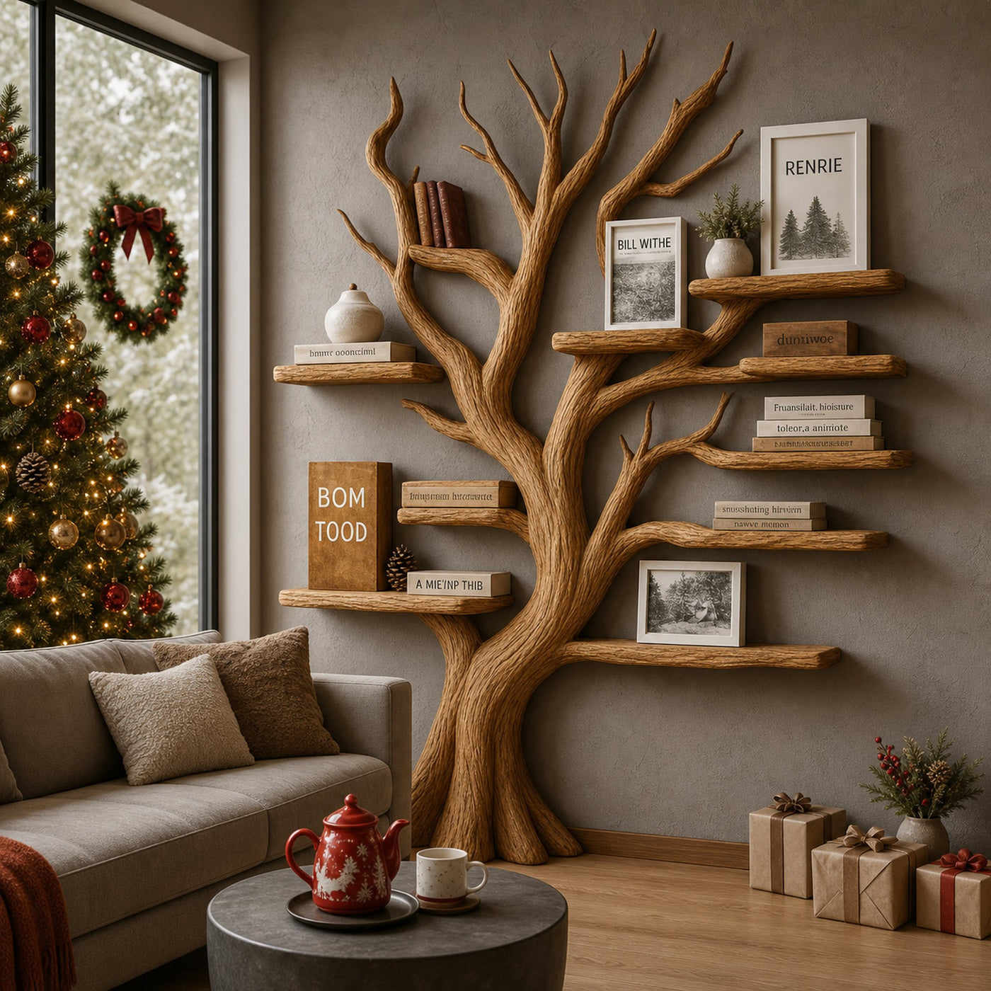 Rustic Christmas Tree Bookshelf Living Room