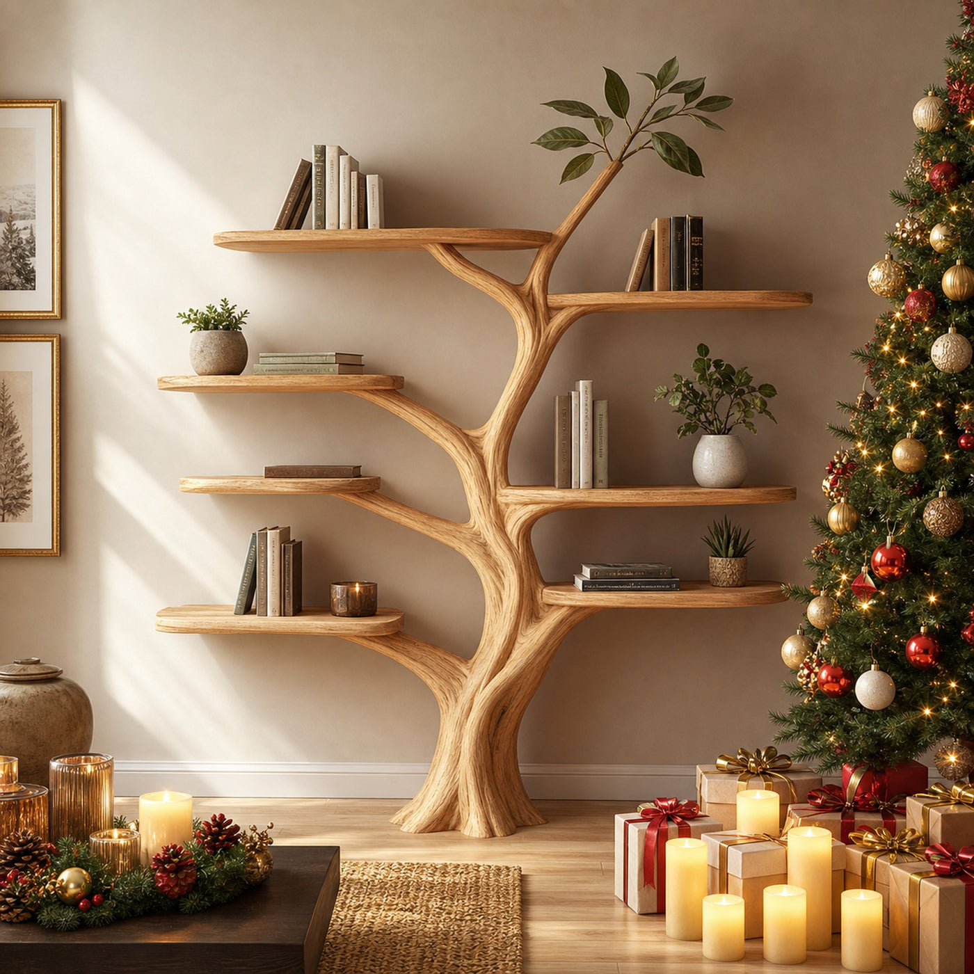 Rustic Christmas Tree Wall Shelf Display Entryway