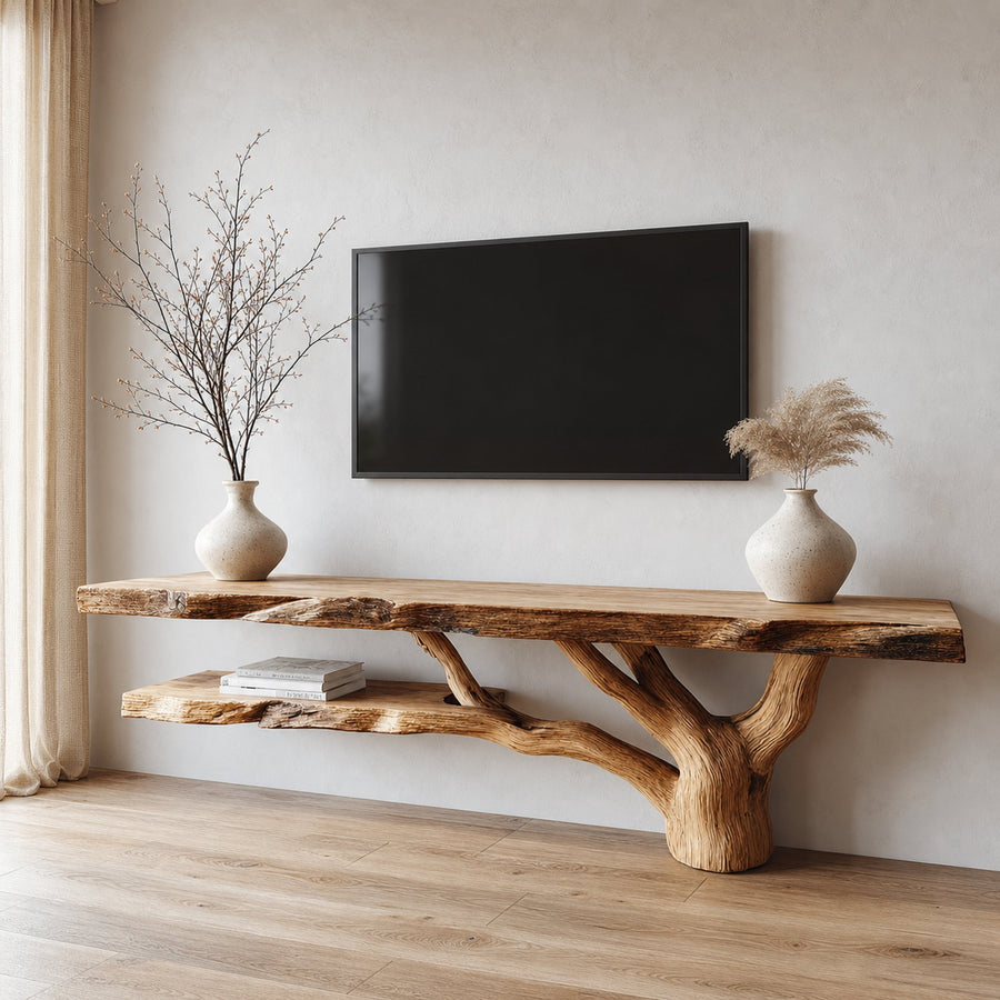 Rustic Console Table Wood Backing Statement Luxury Showroom