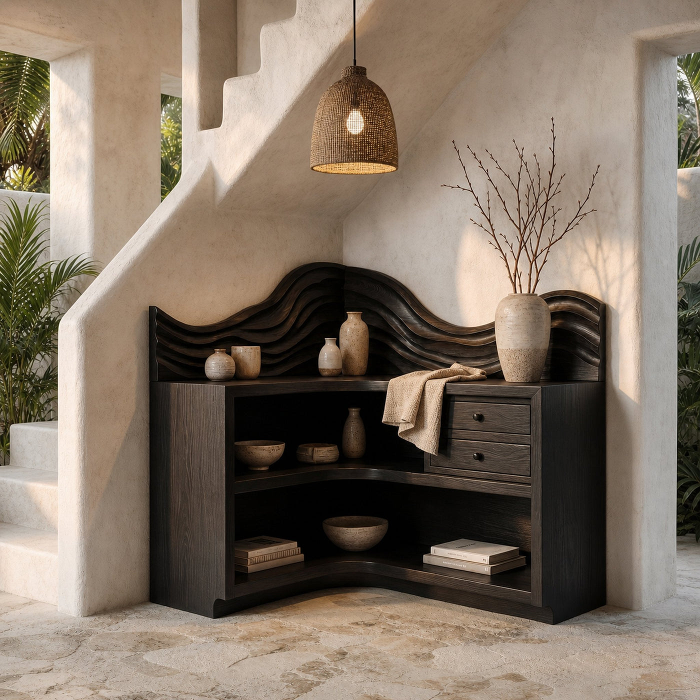 Rustic Corner Bookshelf With Arched Open Shelves And Drawer Storage For Living Room And Bedroom