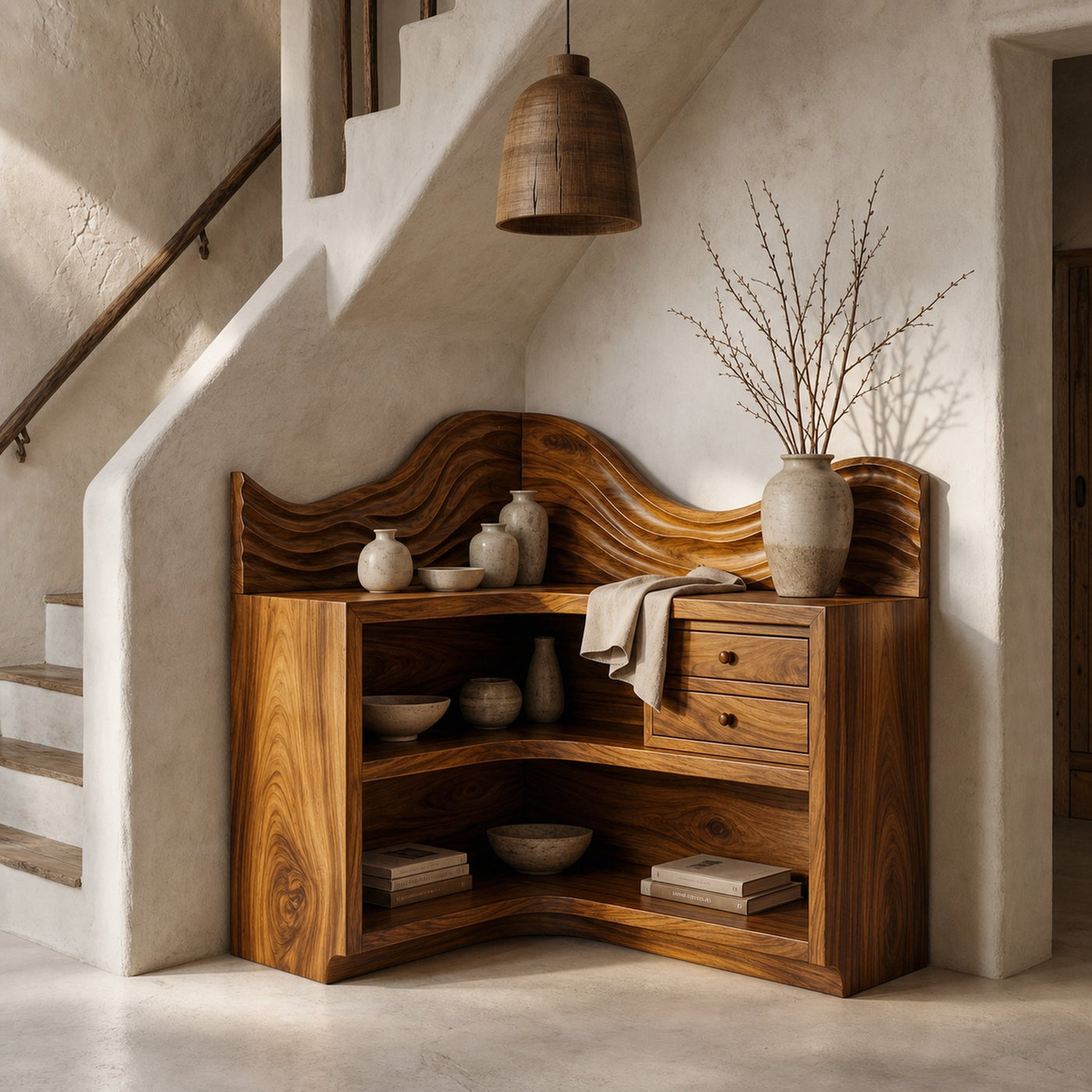 Rustic Corner Bookshelf With Arched Open Shelves And Drawer Storage For Living Room And Bedroom - product view 6