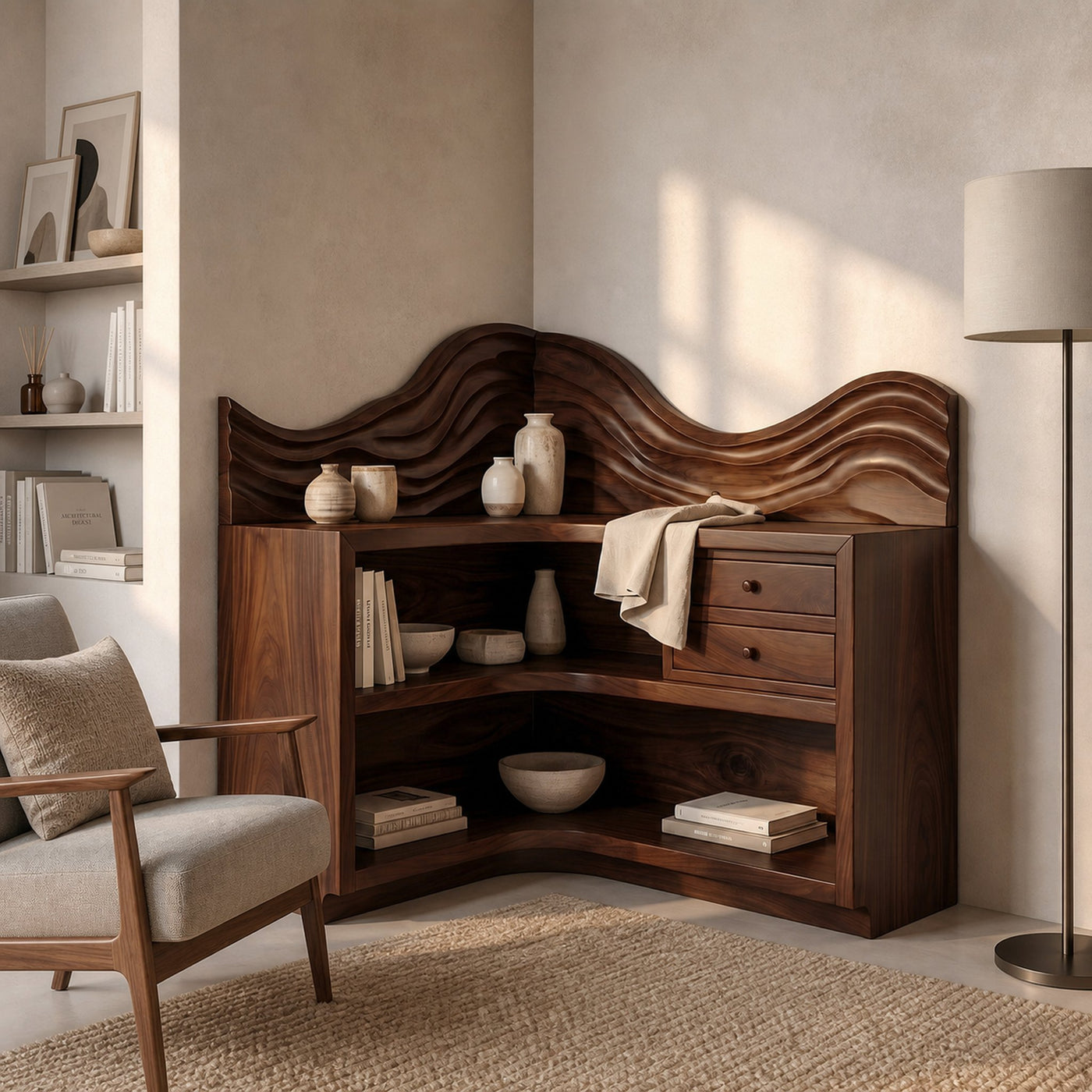Rustic Corner Bookshelf With Arched Open Shelves And Drawer Storage For Living Room And Bedroom - product view 7
