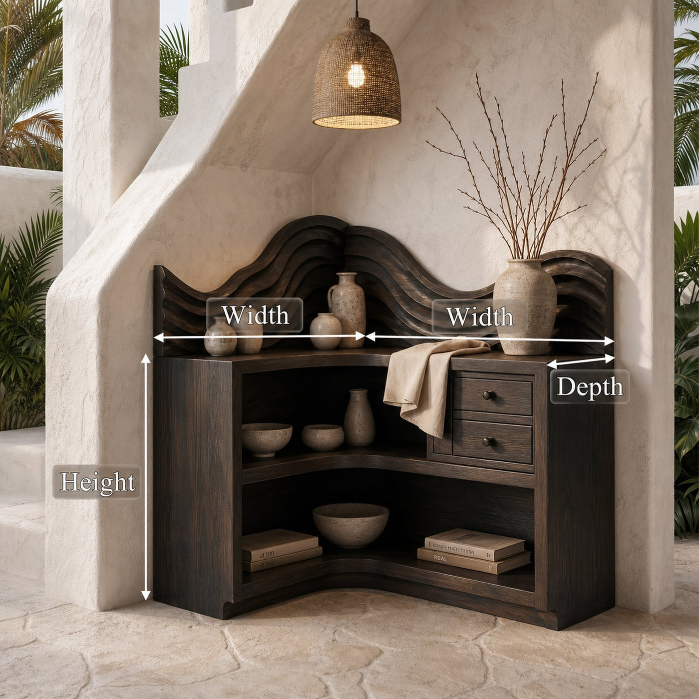 Rustic Corner Bookshelf With Arched Open Shelves And Drawer Storage For Living Room And Bedroom - product view 8