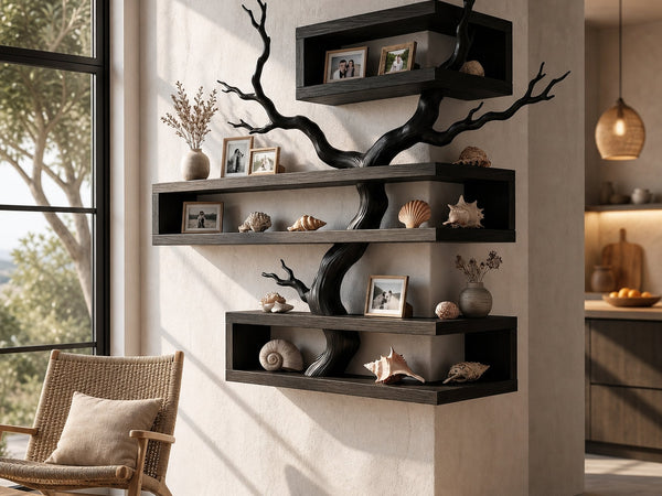 Rustic Corner Floating Shelf With Artistic Branch Shelves For Living Room