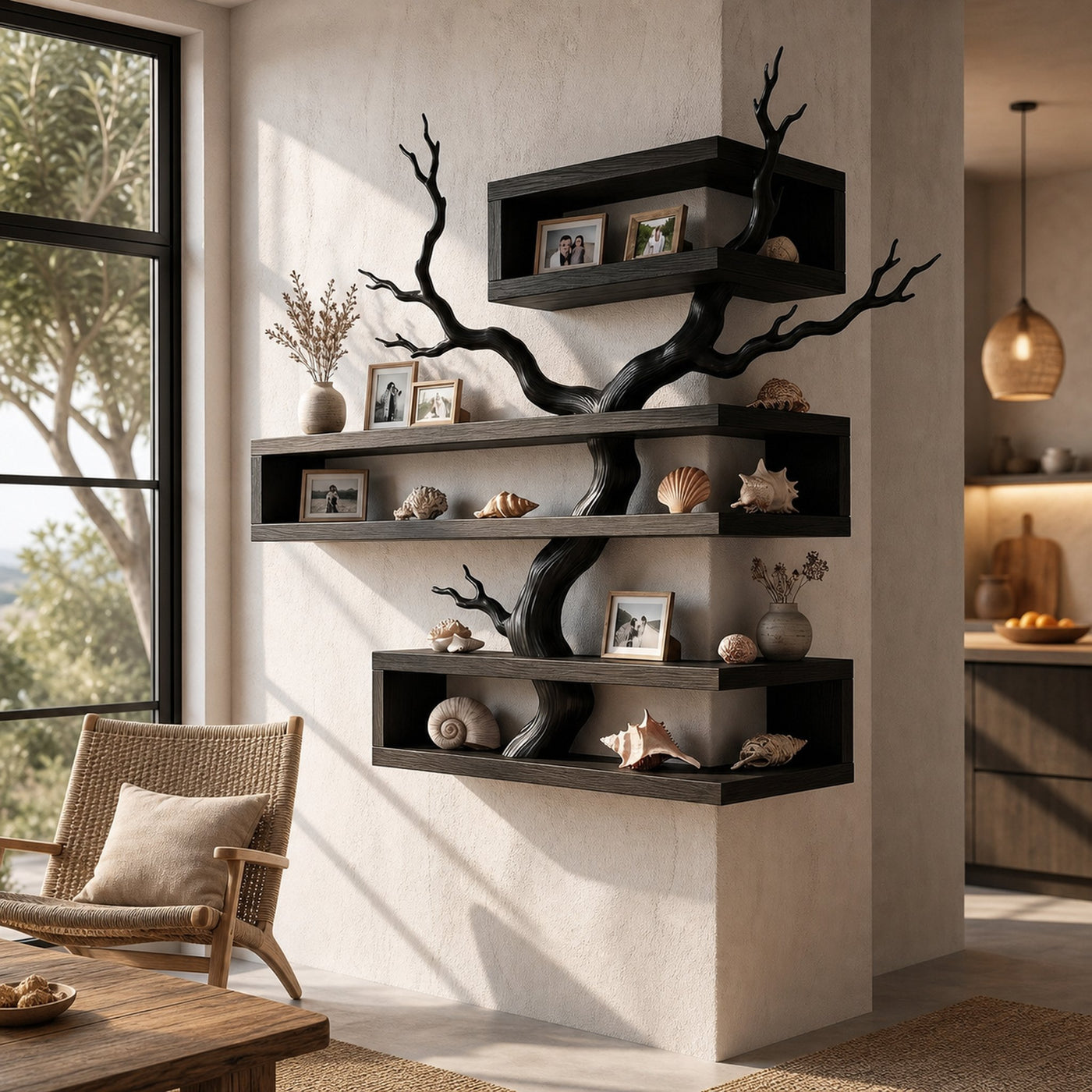Rustic Corner Floating Shelf With Artistic Branch Shelves For Living Room