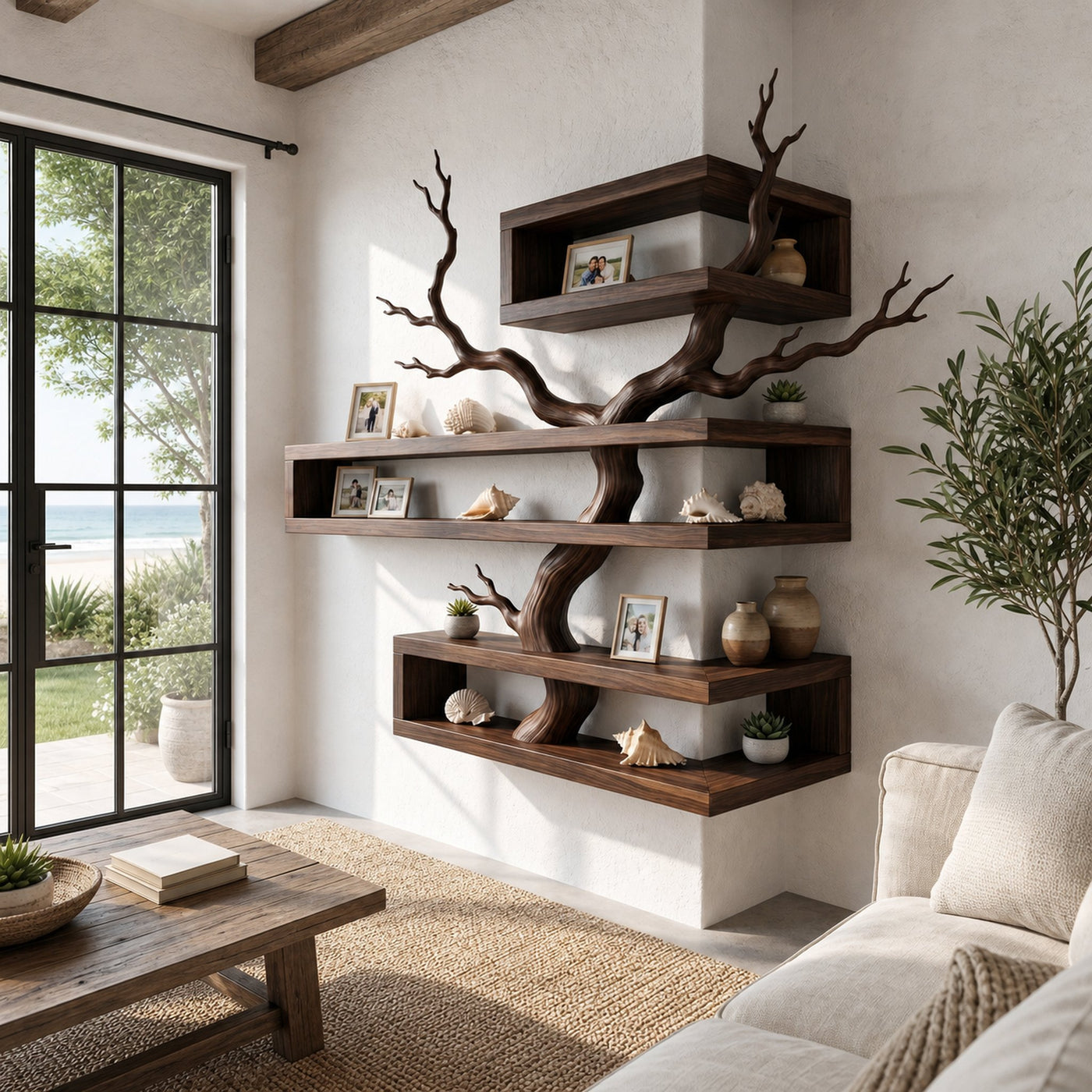 Rustic Corner Floating Shelf With Artistic Branch Shelves For Living Room - product view 7