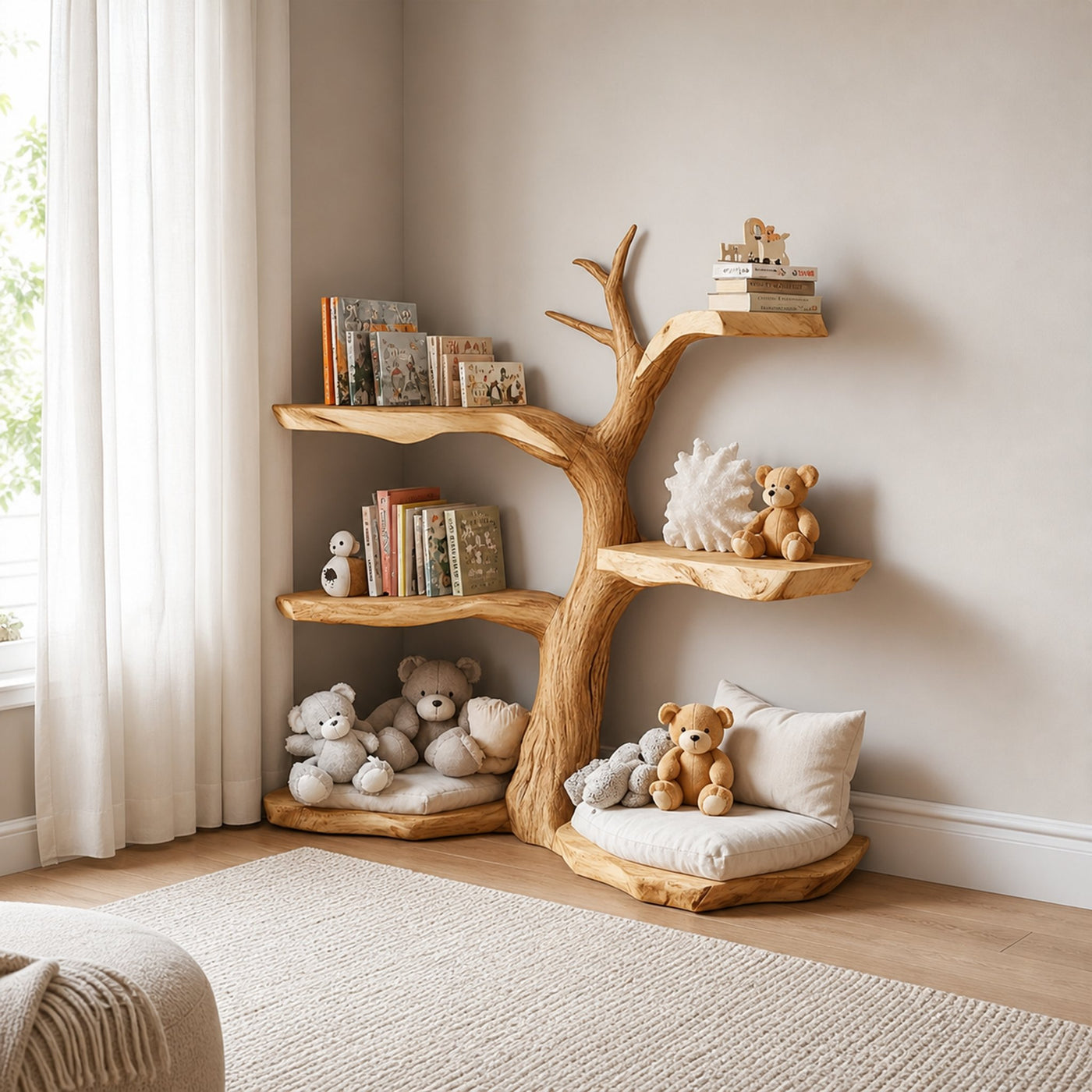 Rustic Corner Tree Bookshelf Kids Bedroom Organizer