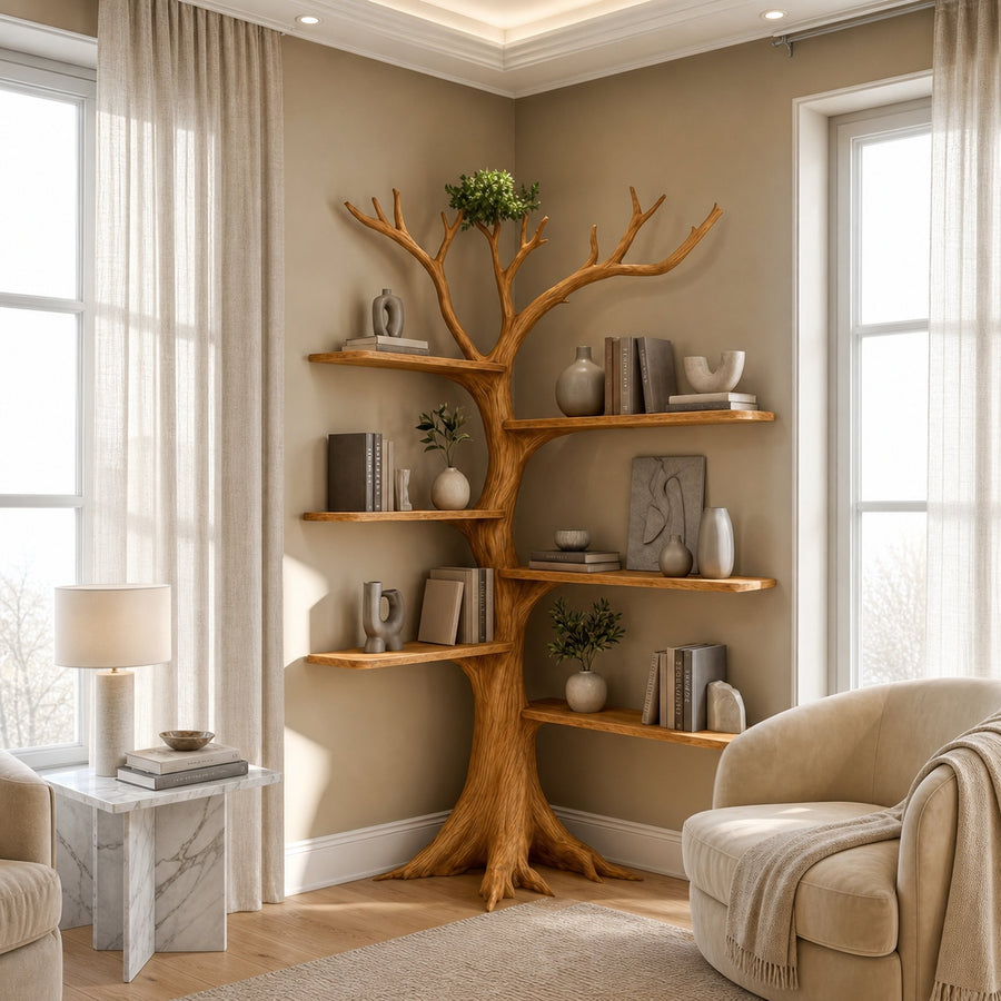 Rustic Corner Tree Bookshelf Living Room