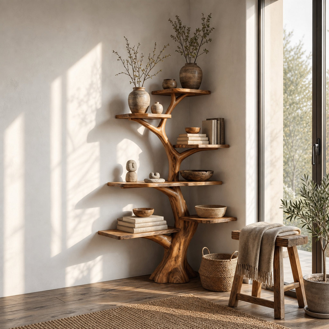 Rustic Corner Tree Bookshelf Living Room Wall