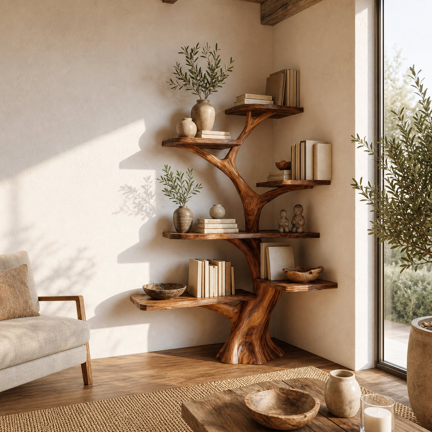 Rustic Corner Tree Bookshelf Living Room Wall - product view 6