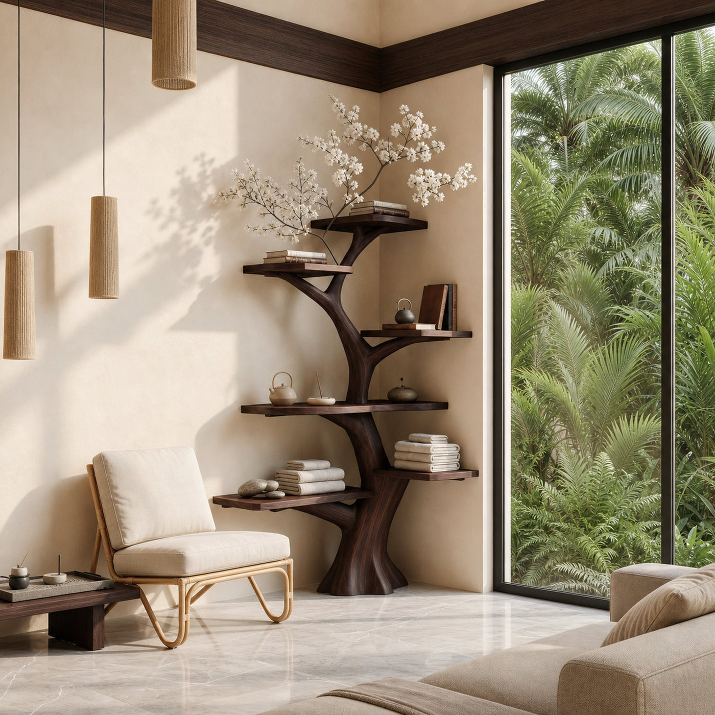 Rustic Corner Tree Bookshelf Living Room Wall - product view 7