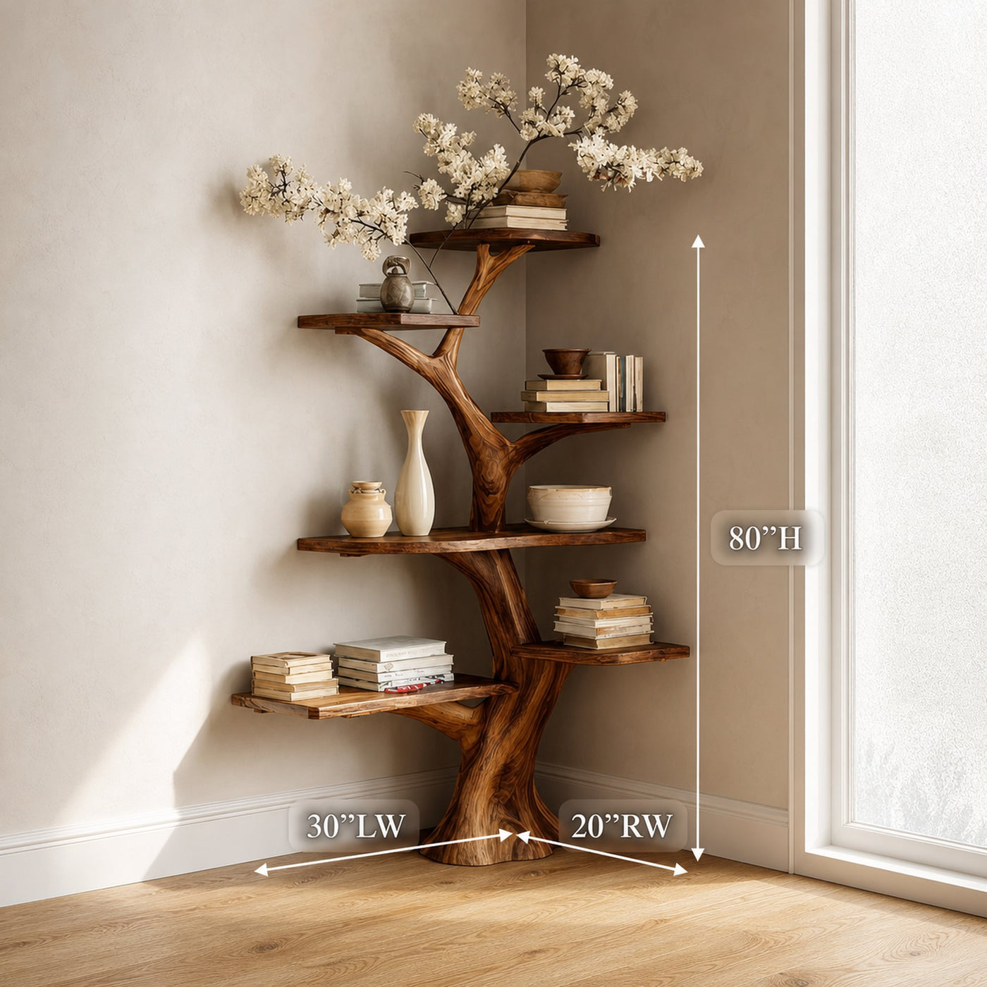 Rustic Corner Tree Bookshelf Living Room Wall - product view 8