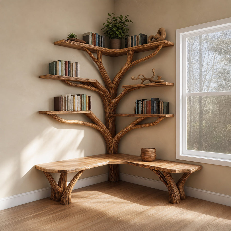Rustic Corner Tree Shelf Reading Nook