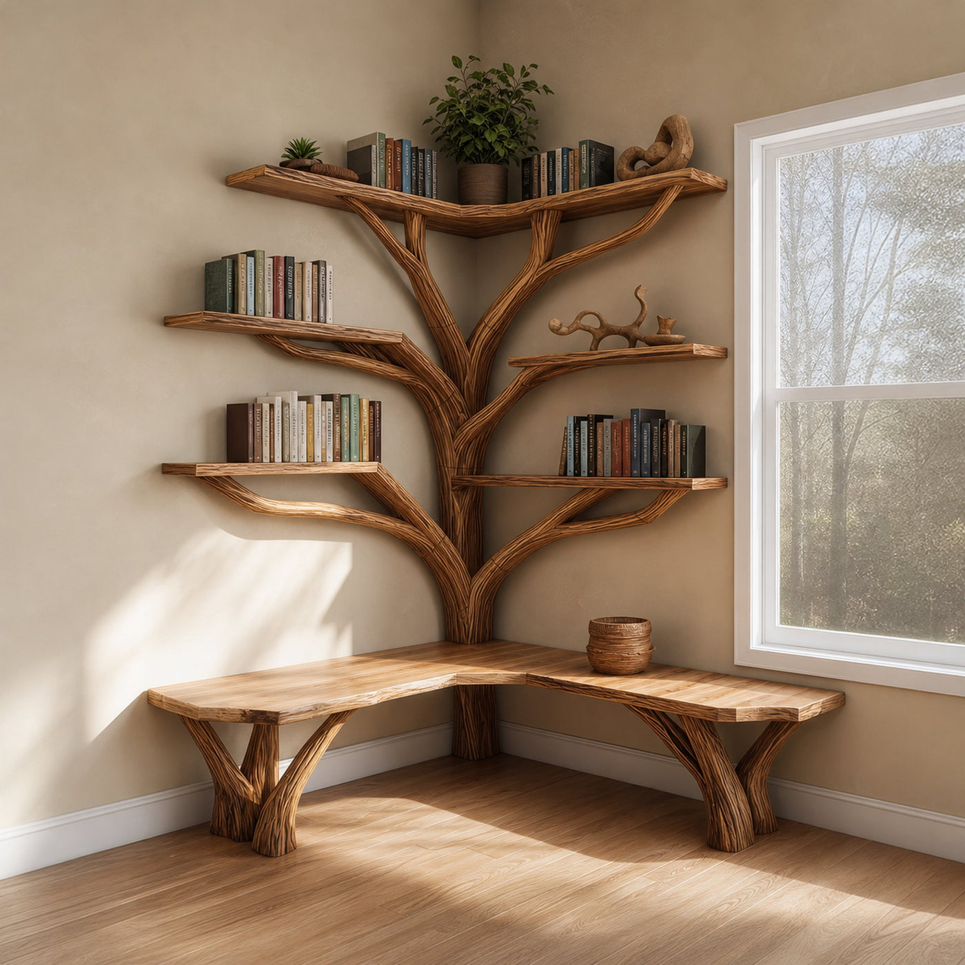 Rustic Corner Tree Shelf Reading Nook