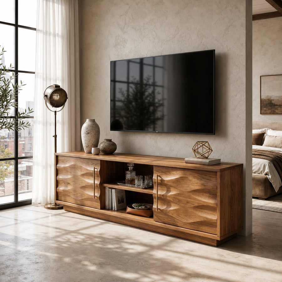 Rustic Curved Media Console For Mediterranean Interior