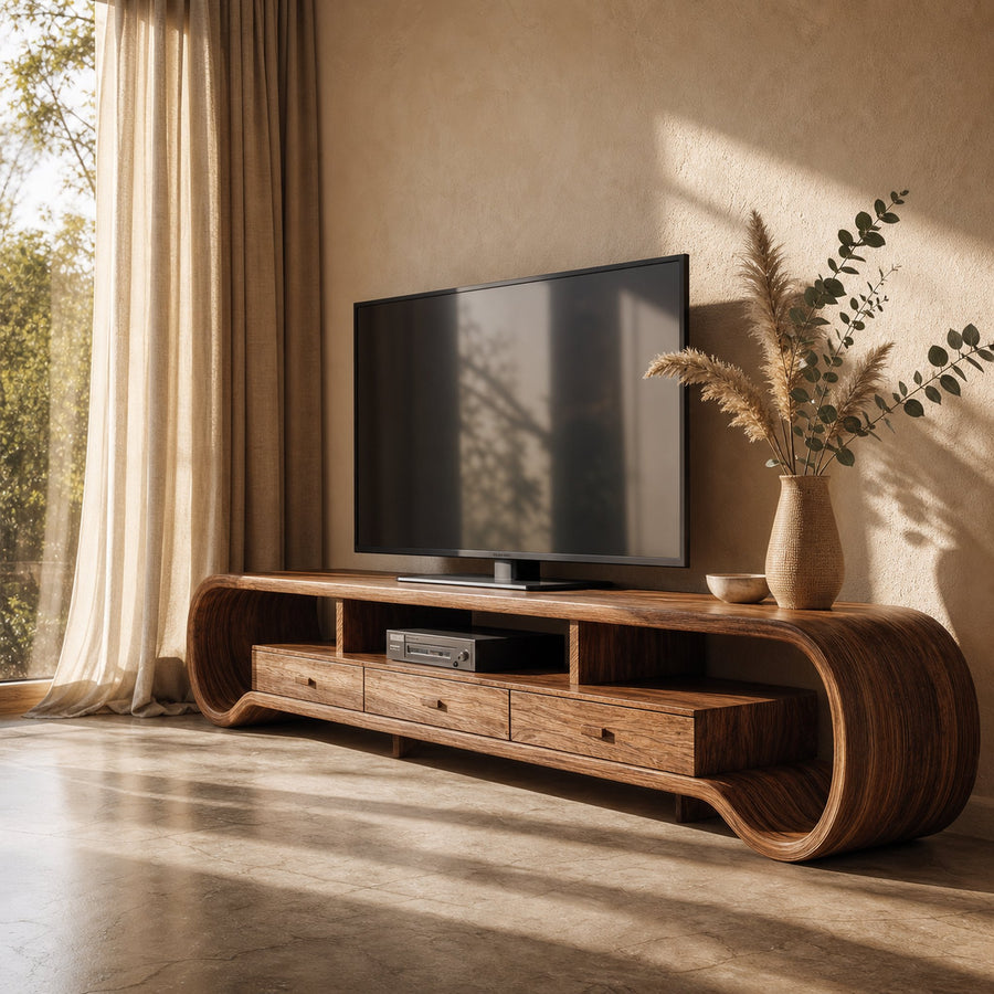 Rustic Curved TV Cabinet Solid Wood Multi Storage Living Room