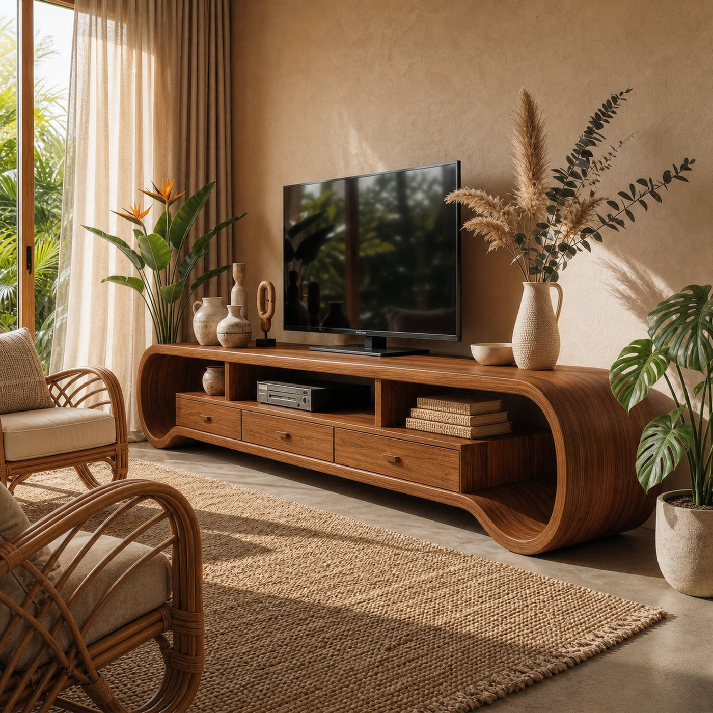 Rustic Curved TV Cabinet Solid Wood Multi Storage Living Room - product view 6
