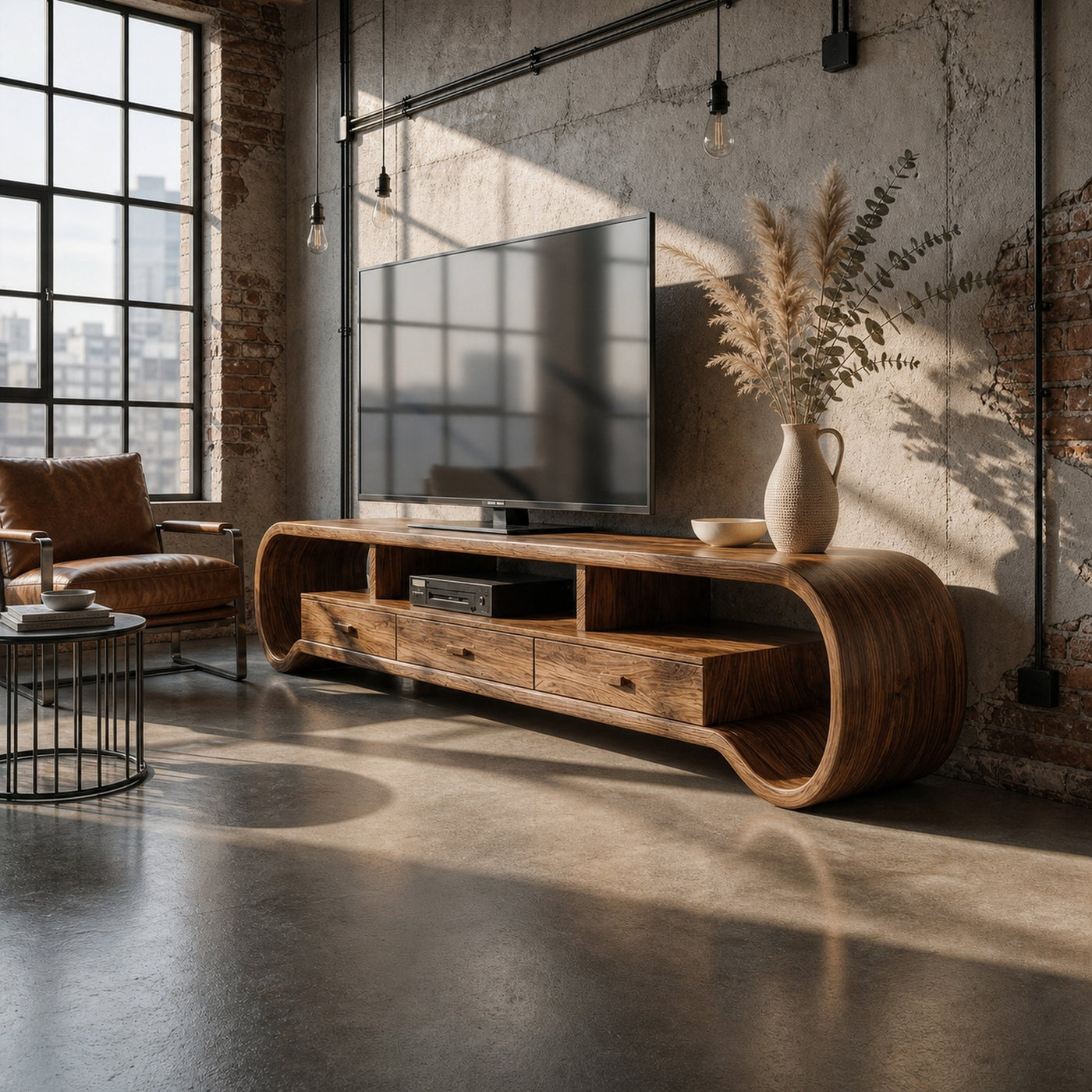 Rustic Curved TV Cabinet Solid Wood Multi Storage Living Room - product view 7