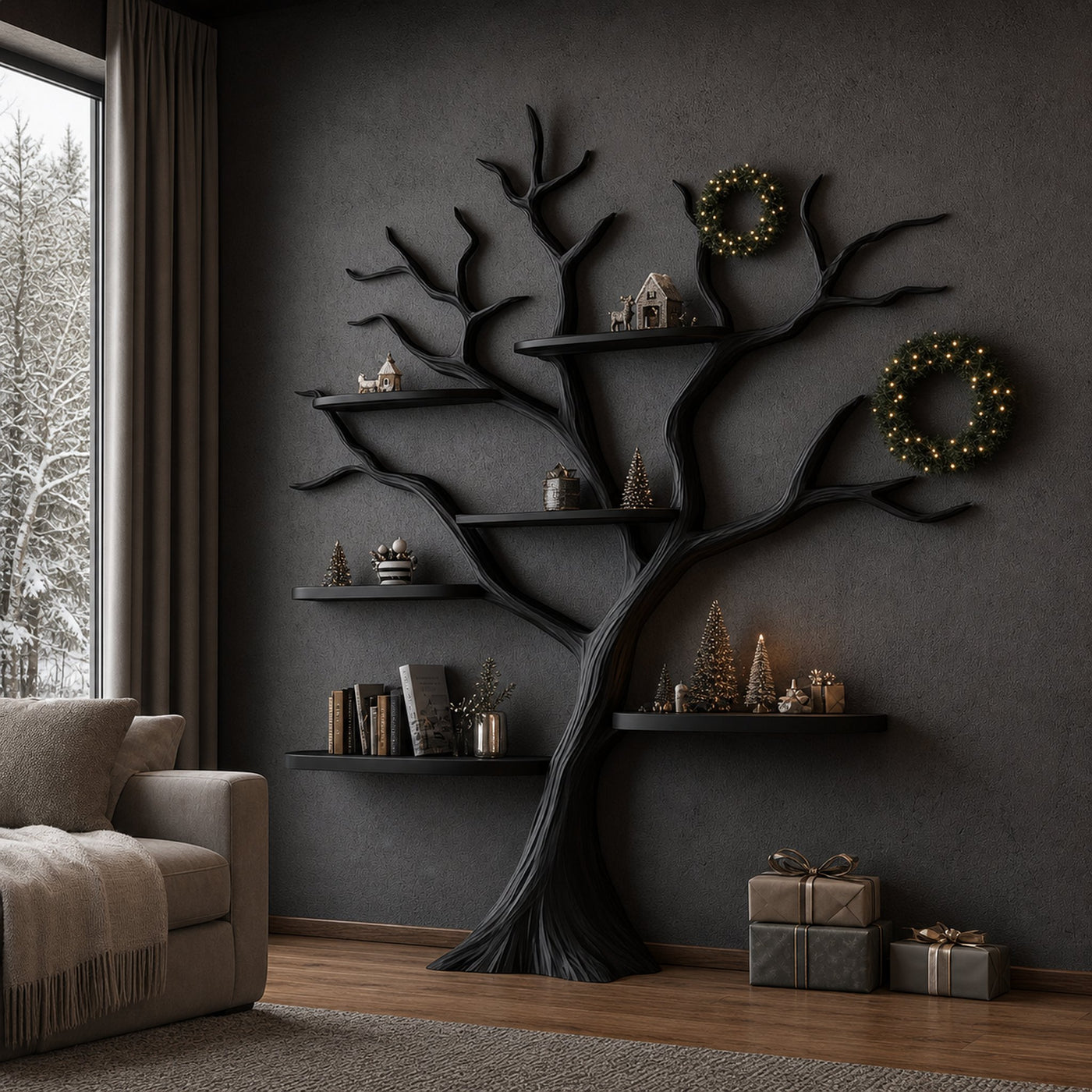 Rustic Dark Tree Bookshelf Home Office Seasonal Decor Organizer
