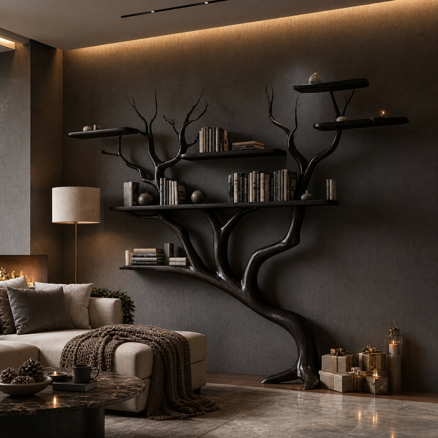 Rustic Dark Tree Bookshelf Living Room Christmas Seasonal