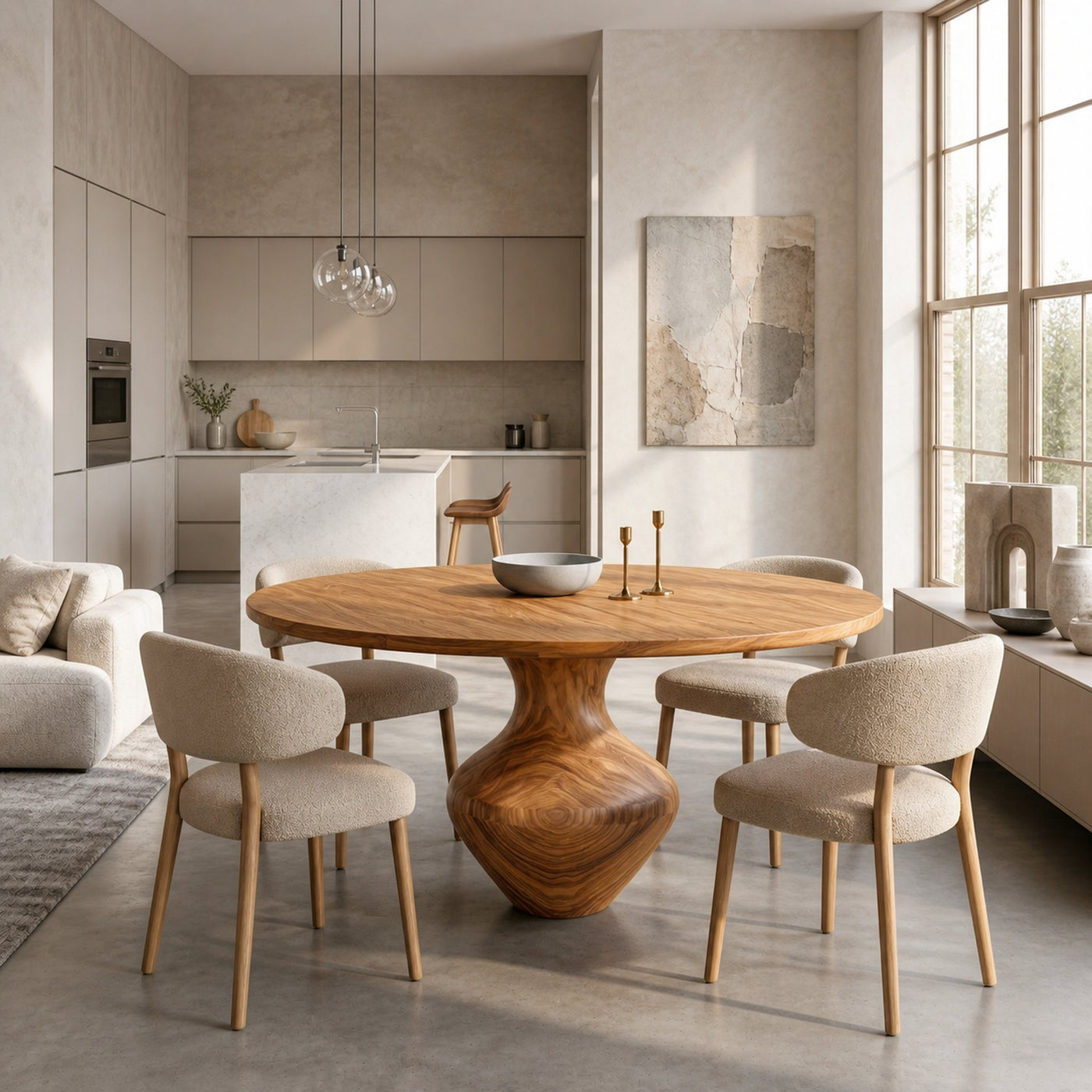 Rustic Dining Table With Sculptural Solid Wood Pedestal Base Farmhouse Round Dining Table With Sculptural Wooden Base For…
