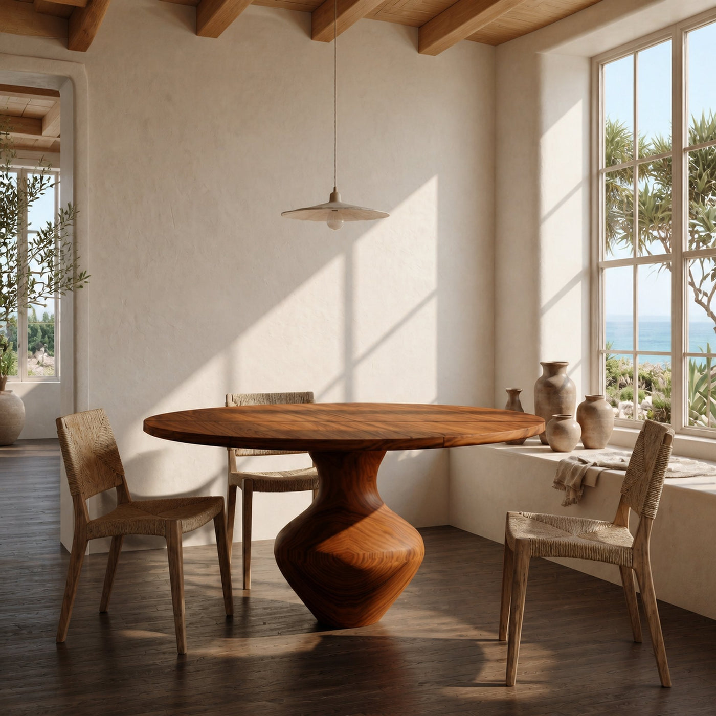 Rustic Dining Table With Sculptural Solid Wood Pedestal Base Farmhouse Round Dining Table With Sculptural Wooden Base For…