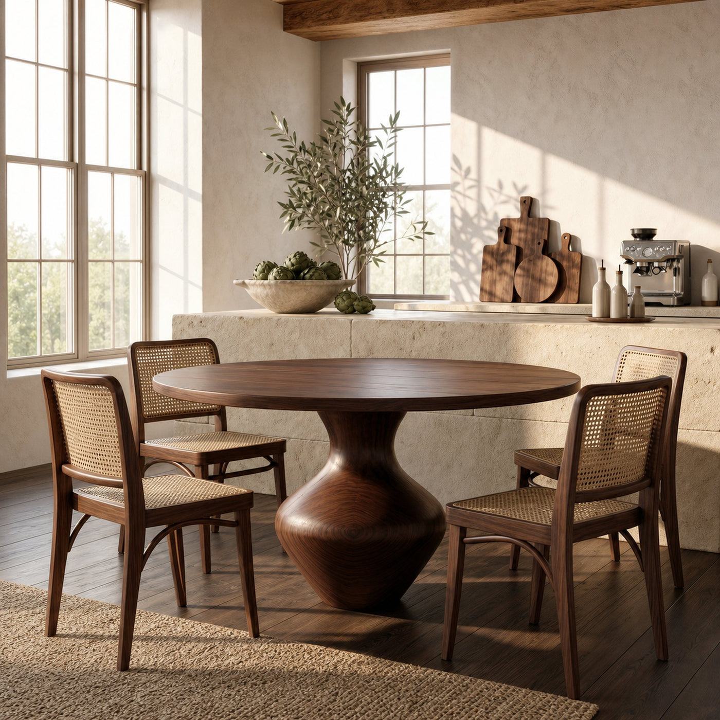 Rustic Dining Table With Sculptural Solid Wood Pedestal Base Farmhouse Round Dining Table With Sculptural Wooden Base For…