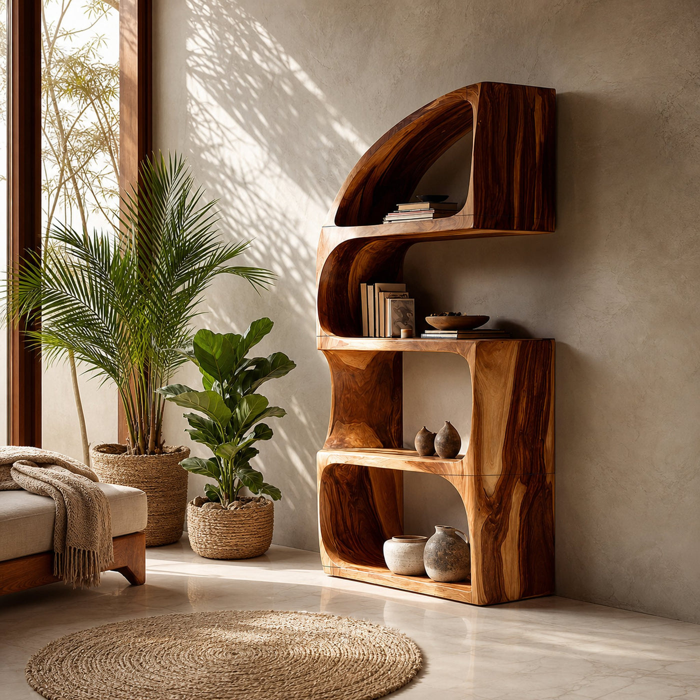 Rustic Farmhouse Curved Bookshelf Bedroom Corner Storage