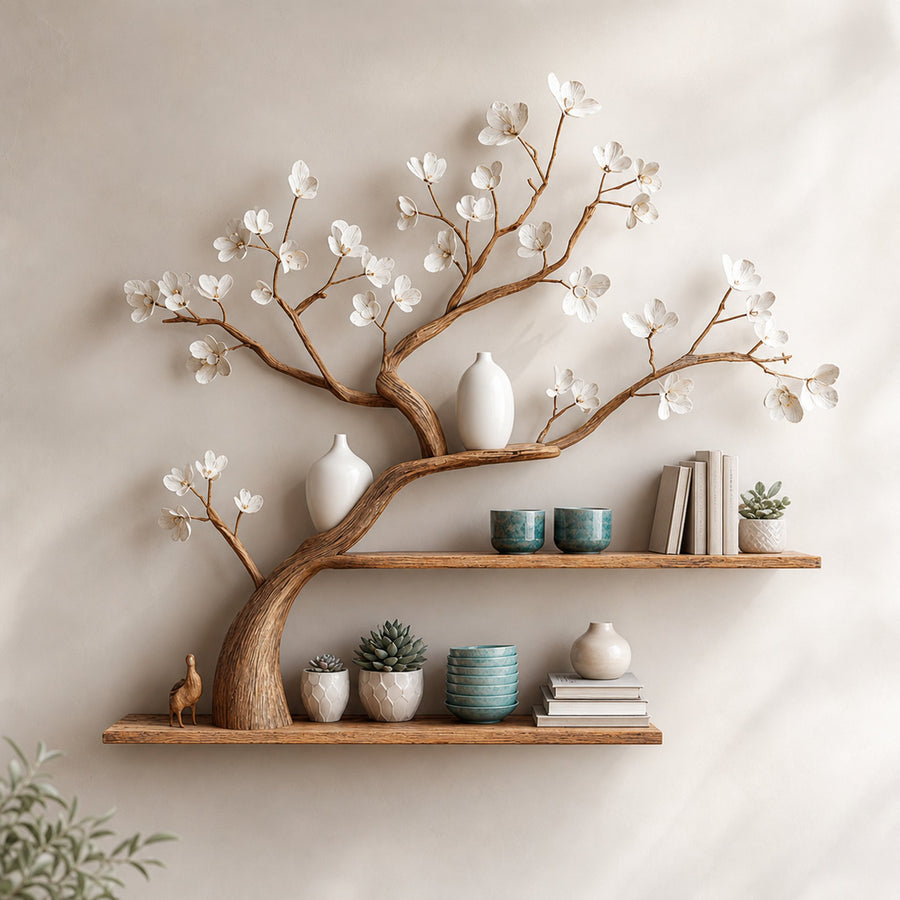 Rustic Floral Tree Shelf Living Wall