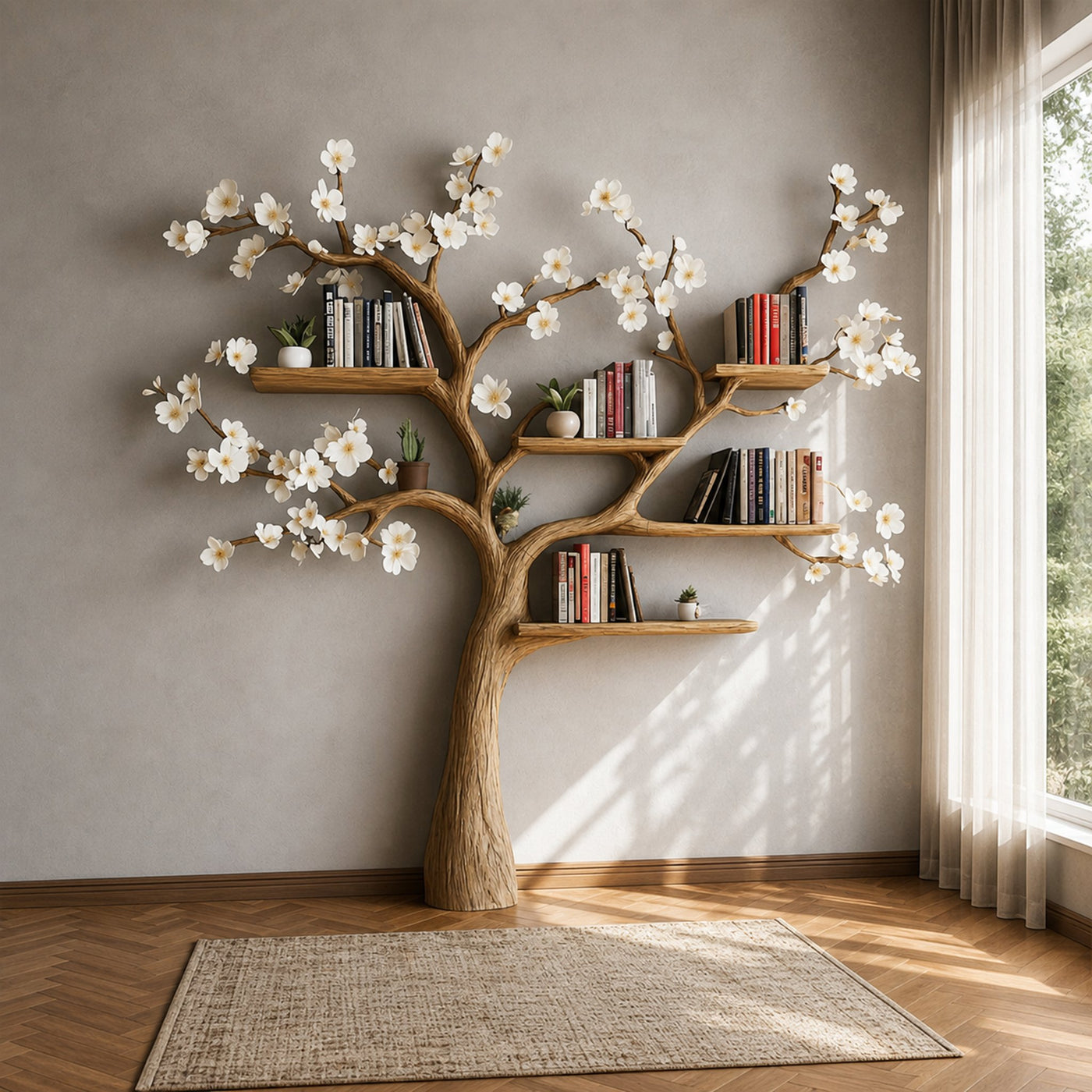 Rustic Flower Tree Bookshelf Living Room Or Bedroom Wall Display