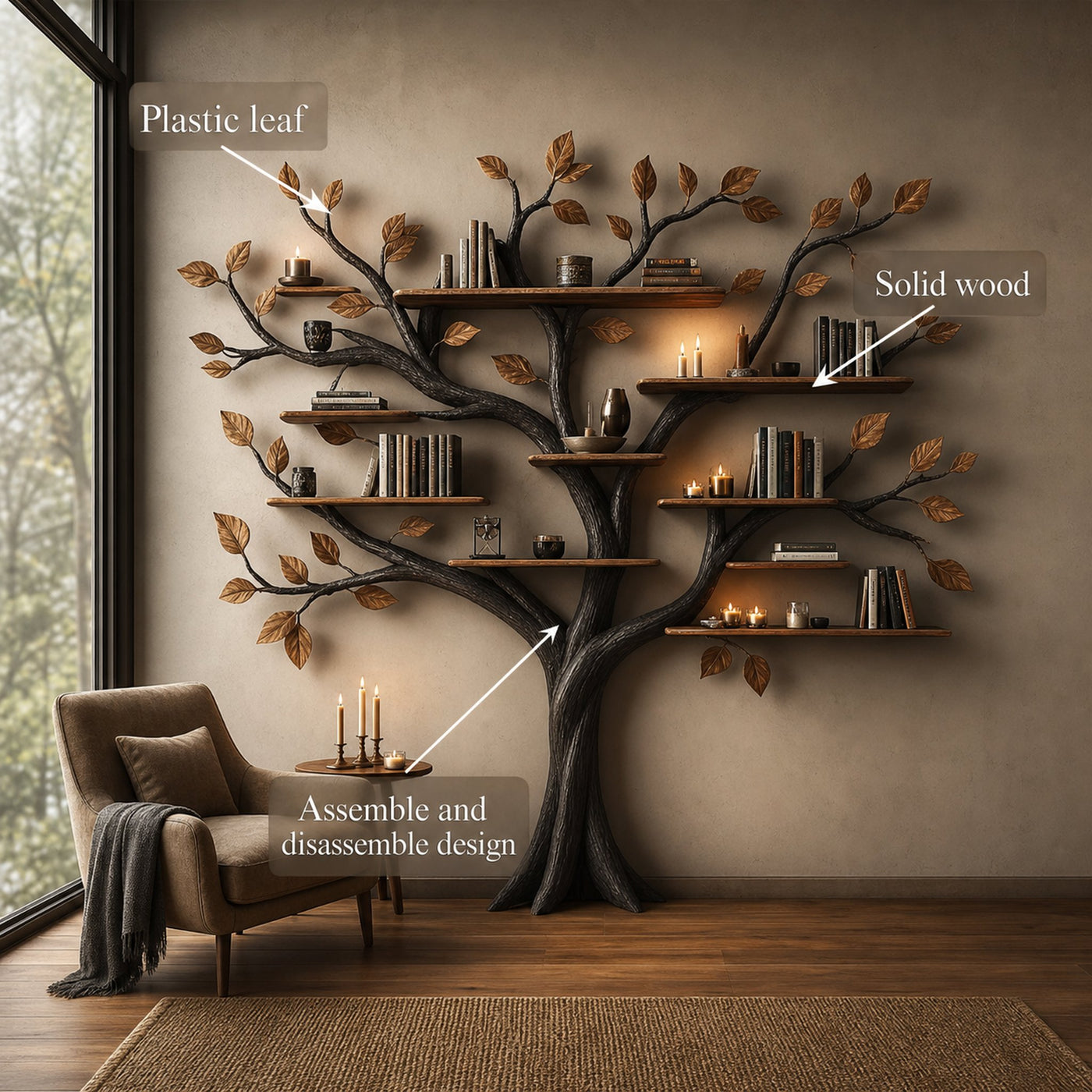 Rustic Halloween Tree Bookshelf Bedroom Wall Display - product view 6