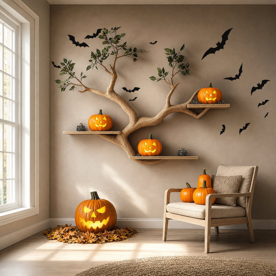 Rustic Halloween Tree Shelf Living Room