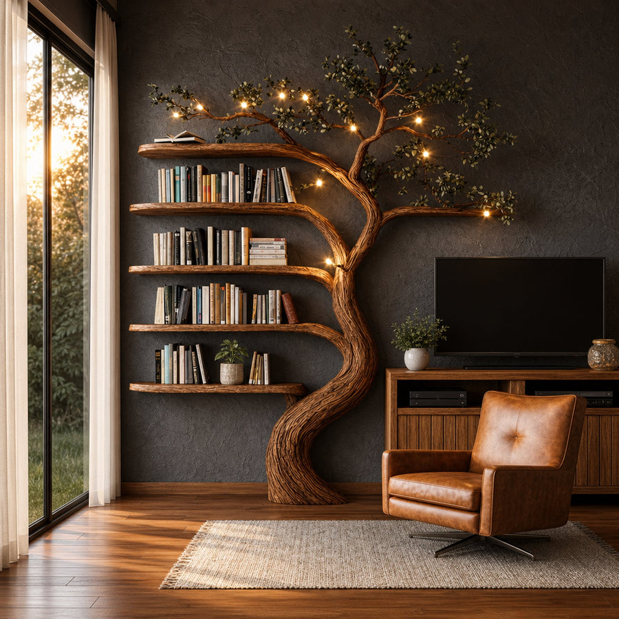 Rustic Hand Carved Tree Bookshelf Artistic Storage For Living Room