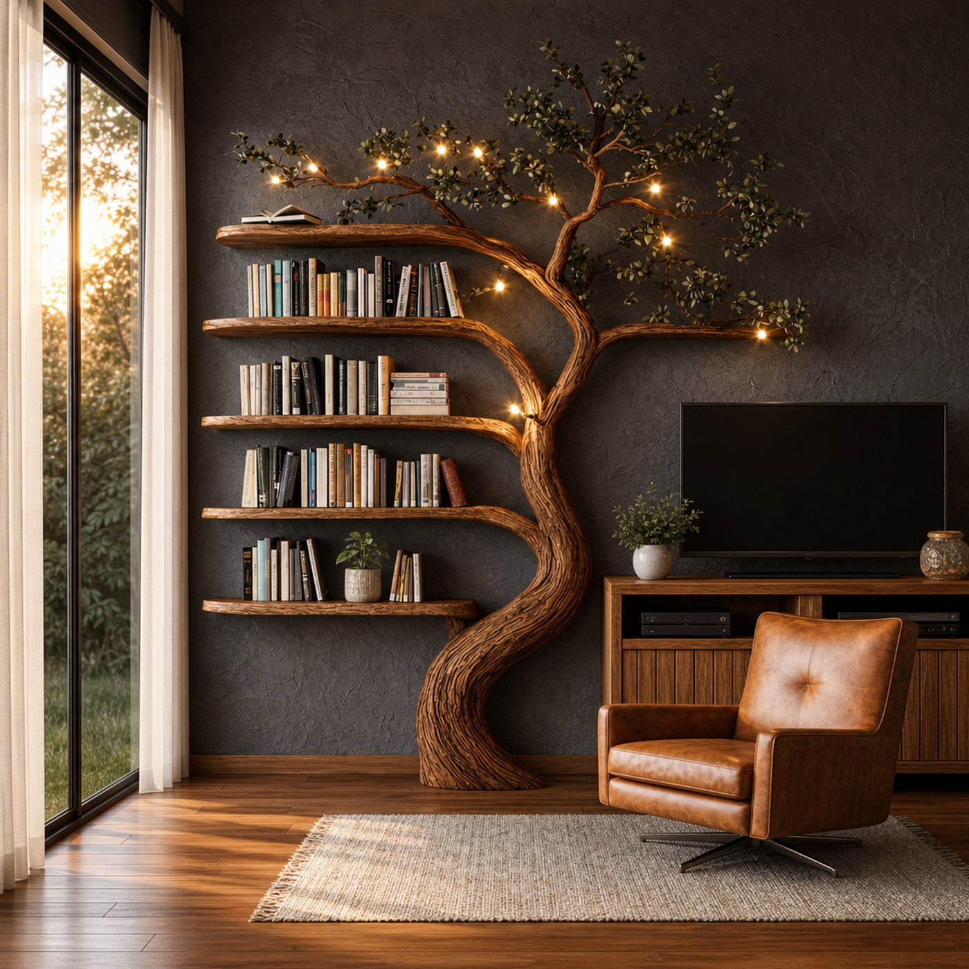 Rustic Hand Carved Tree Bookshelf Artistic Storage For Living Room