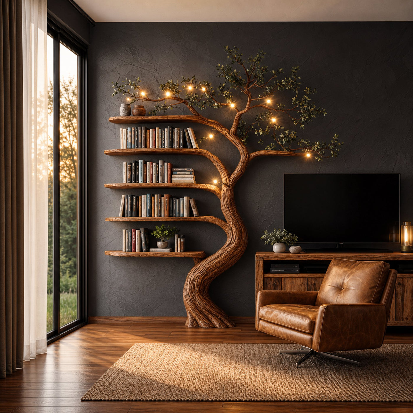 Rustic Hand Carved Tree Bookshelf Artistic Storage For Living Room - product view 2