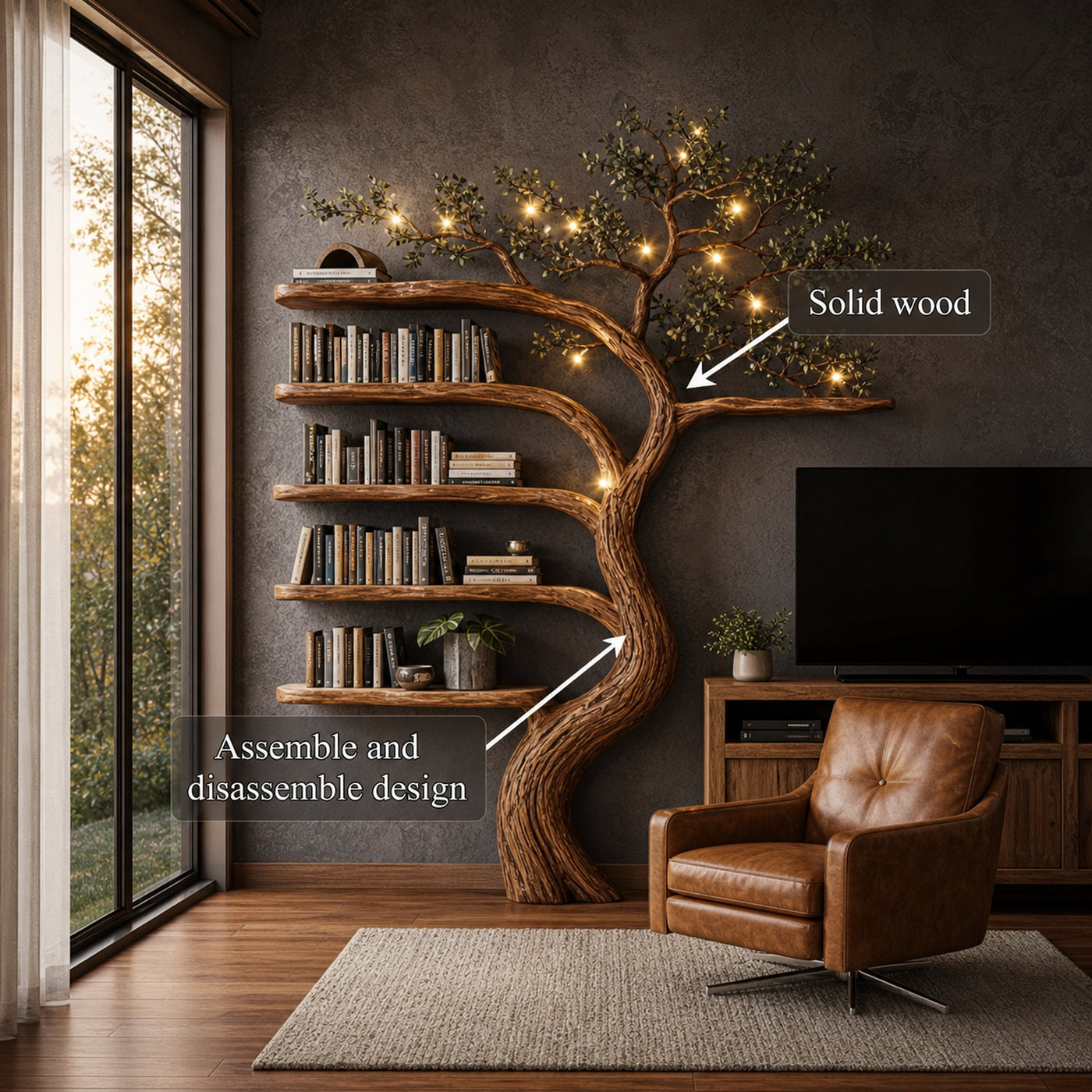 Rustic Hand Carved Tree Bookshelf Artistic Storage For Living Room - product view 3