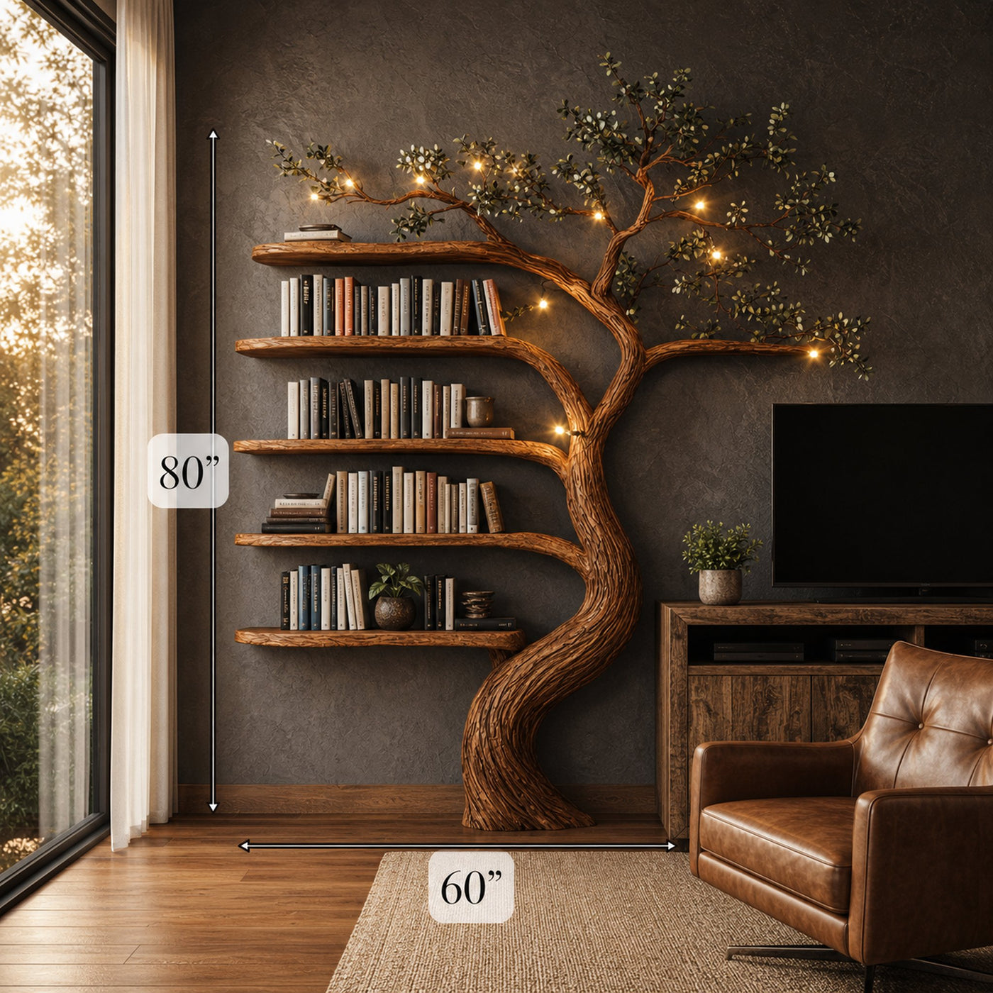 Rustic Hand Carved Tree Bookshelf Artistic Storage For Living Room - product view 4