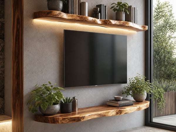 Rustic Handcrafted Live Edge Media TV Shelf Solid Wood Living Room Interior Statement Decor