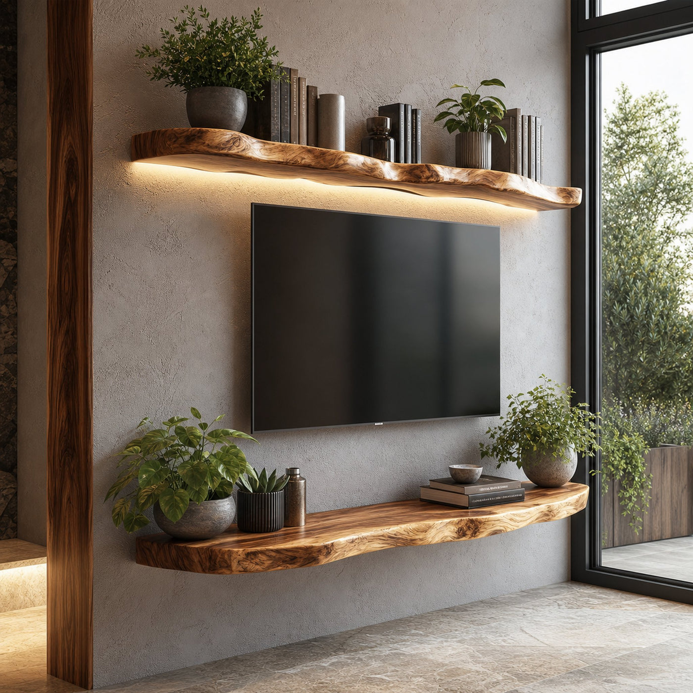 Rustic Handcrafted Live Edge Media TV Shelf Solid Wood Living Room Interior Statement Decor