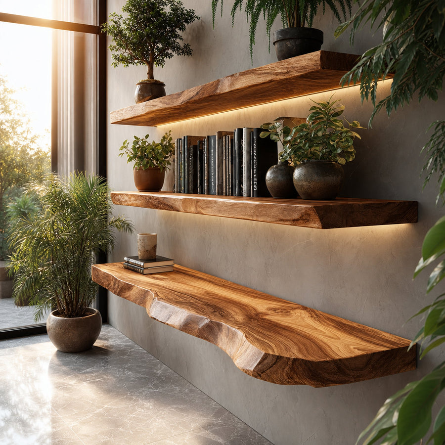 Rustic Handcrafted Live Edge Wall Shelves Solid Wood Living Room Interior Statement Feature