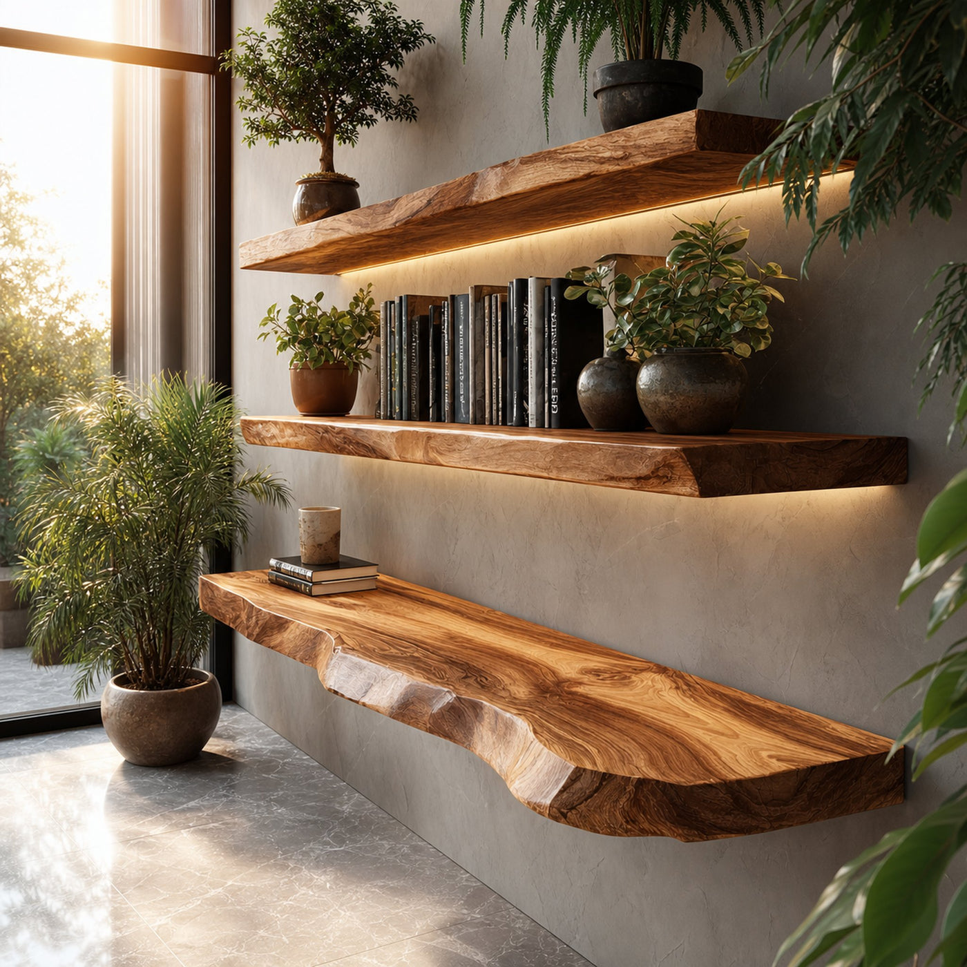 Rustic Handcrafted Live Edge Wall Shelves Solid Wood Living Room Interior Statement Feature